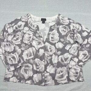 Lane Bryant Women's Sz 26/28 Gray Floral Cardigan V-Neck Button-Up Longsleeve